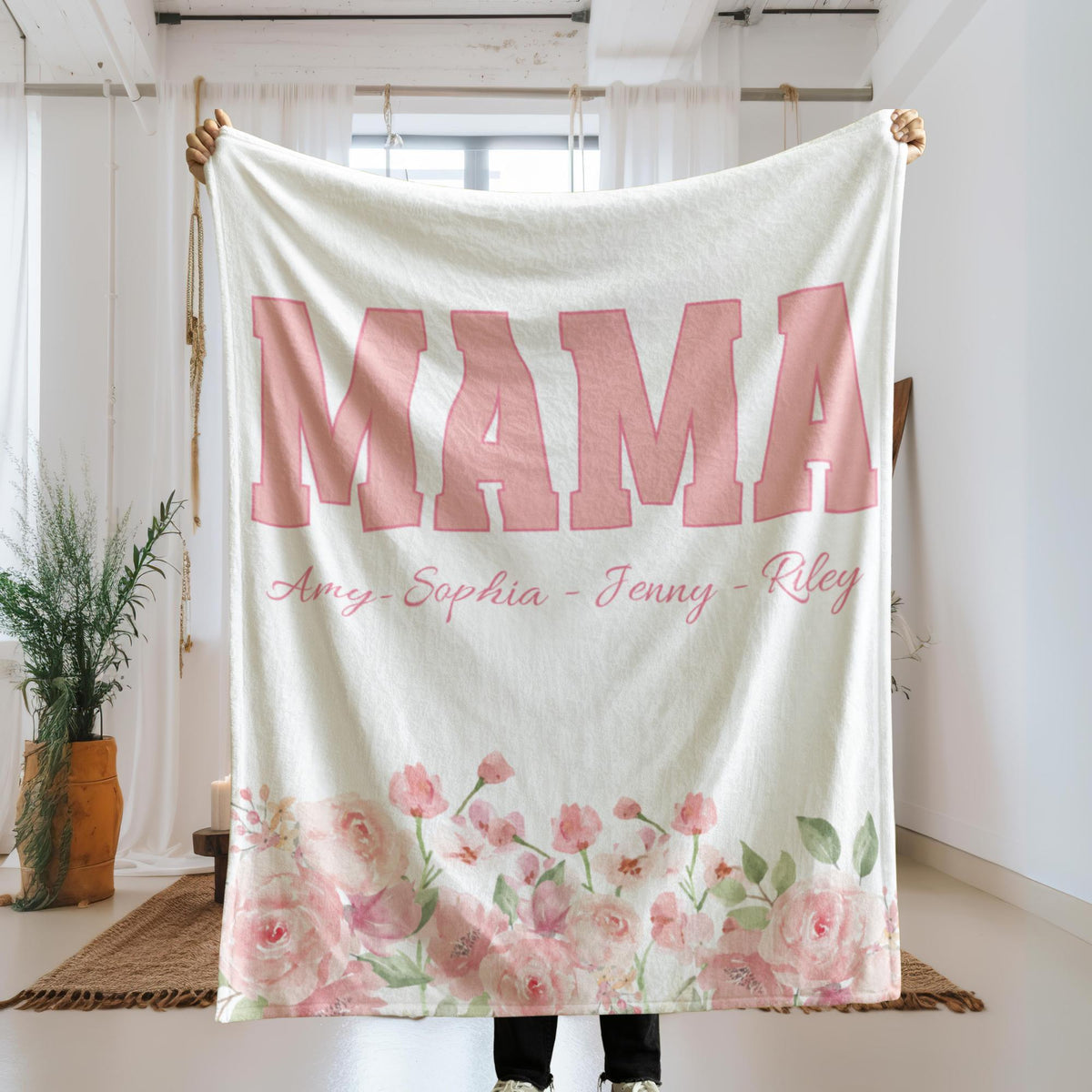 Personalized Floral Mom Blanket With Kids Names, Custom Mother's Throw, Gift For Mother