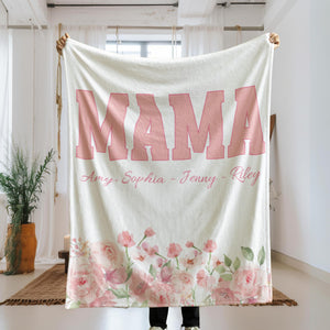 Personalized Floral Mom Blanket With Kids Names, Custom Mother's Throw, Gift For Mother