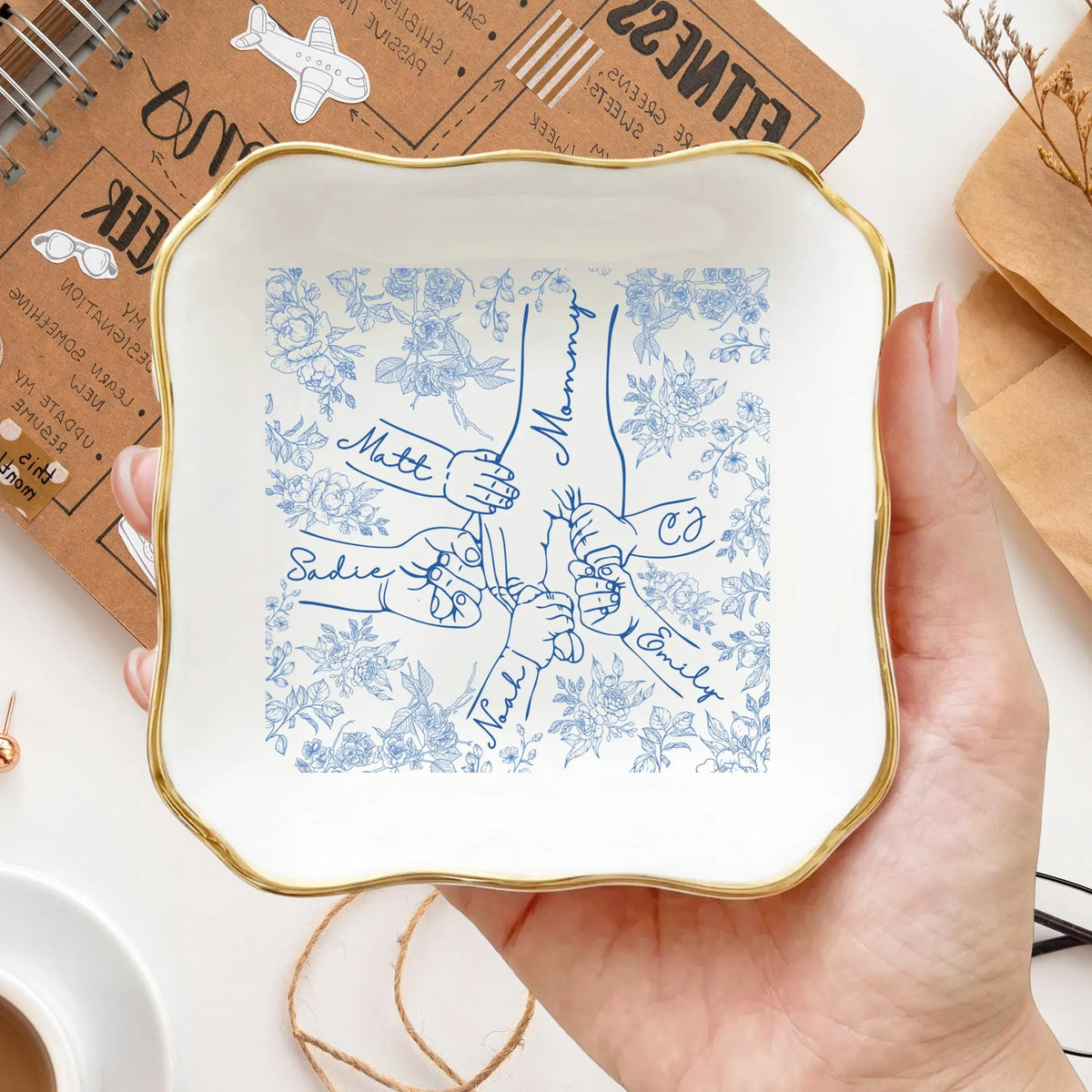 Personalized Holding Mom's Hand Ceramic Jewelry Dish with 1-6 Kids: Chinoiserie Mom Trinket Dish, Mothers Day Gift for Mom, Mama Ring Holder