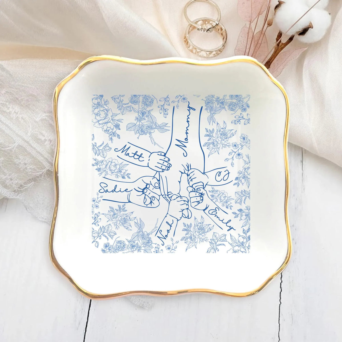 Personalized Holding Mom's Hand Ceramic Jewelry Dish with 1-6 Kids: Chinoiserie Mom Trinket Dish, Mothers Day Gift for Mom, Mama Ring Holder