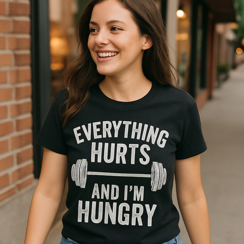 Everything Hurts and I'm Hungry T-Shirt – Funny Mental Health Fitness Gym Tee with Barbell Graphic for Workout Motivation Mental%20Health%20Fitness%20prompt%2012%20lifestyle%20mockup.png