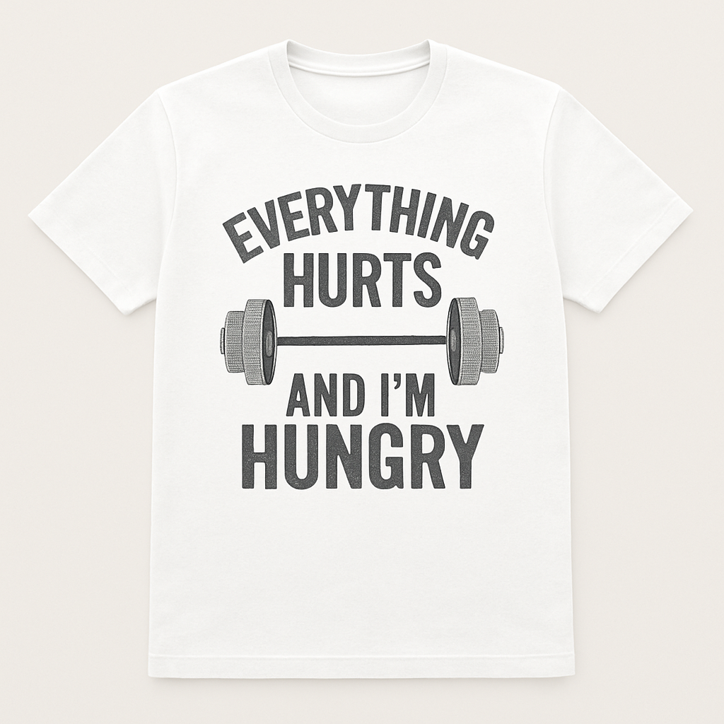 Everything Hurts and I'm Hungry T-Shirt – Funny Mental Health Fitness Gym Tee with Barbell Graphic for Workout Motivation Mental%20Health%20Fitness%20prompt%2012%20studio%20mockup.png