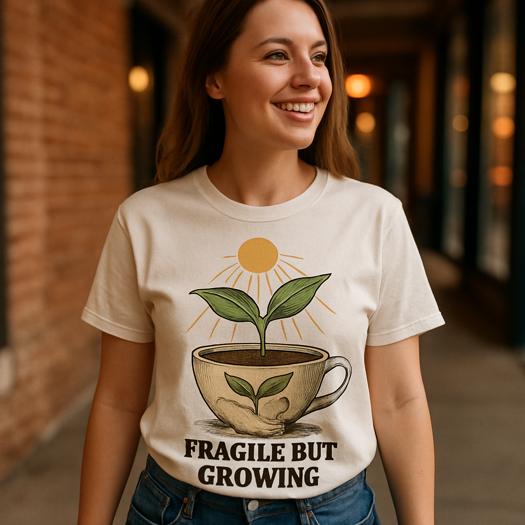 Fragile But Growing Mental Health T-Shirt – Inspirational Self Care Tee with Plant in Cracked Cup, Positive Growth Mindset Shirt Mental%20Health%20Fitness%20prompt%2019%20lifestyle%20mockup.png