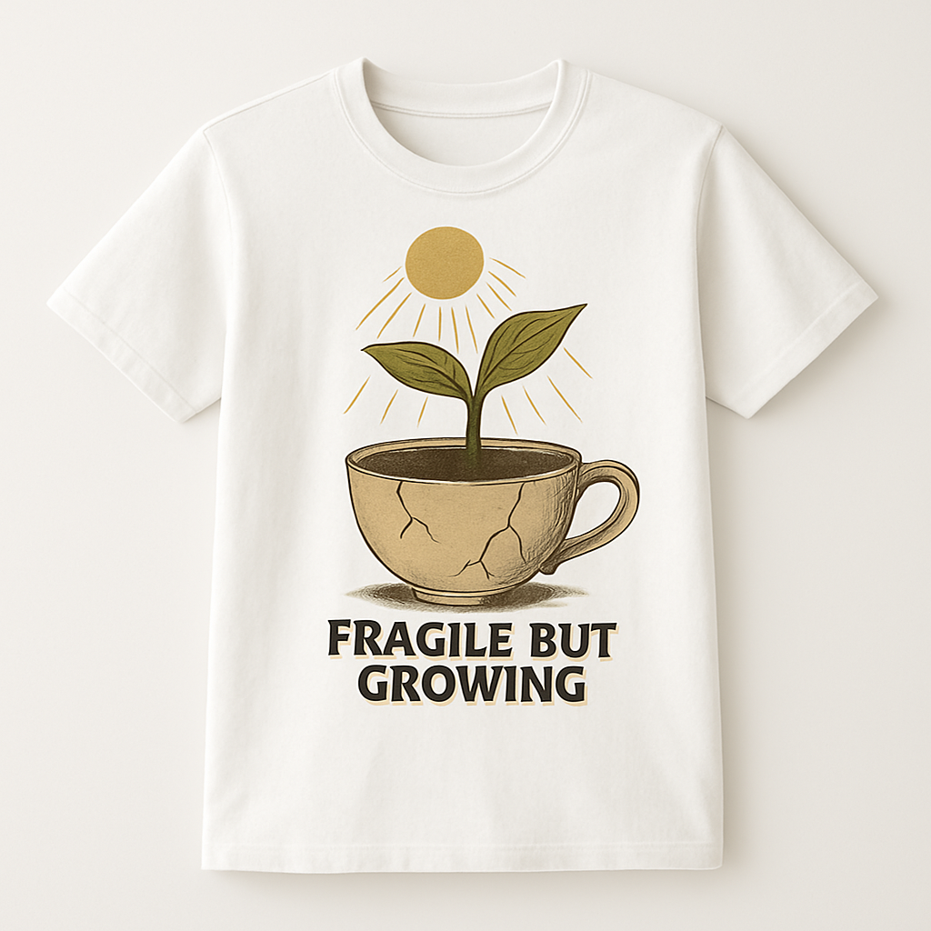 Fragile But Growing Mental Health T-Shirt – Inspirational Self Care Tee with Plant in Cracked Cup, Positive Growth Mindset Shirt Mental%20Health%20Fitness%20prompt%2019%20studio%20mockup.png