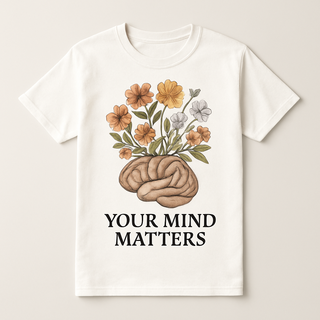 Your Mind Matters Mental Health T-Shirt – Brain with Flowers, Positive Self Care, Mindfulness Motivational Tee for Wellness Fitness Mental%20Health%20Fitness%20prompt%2025%20studio%20mockup.png