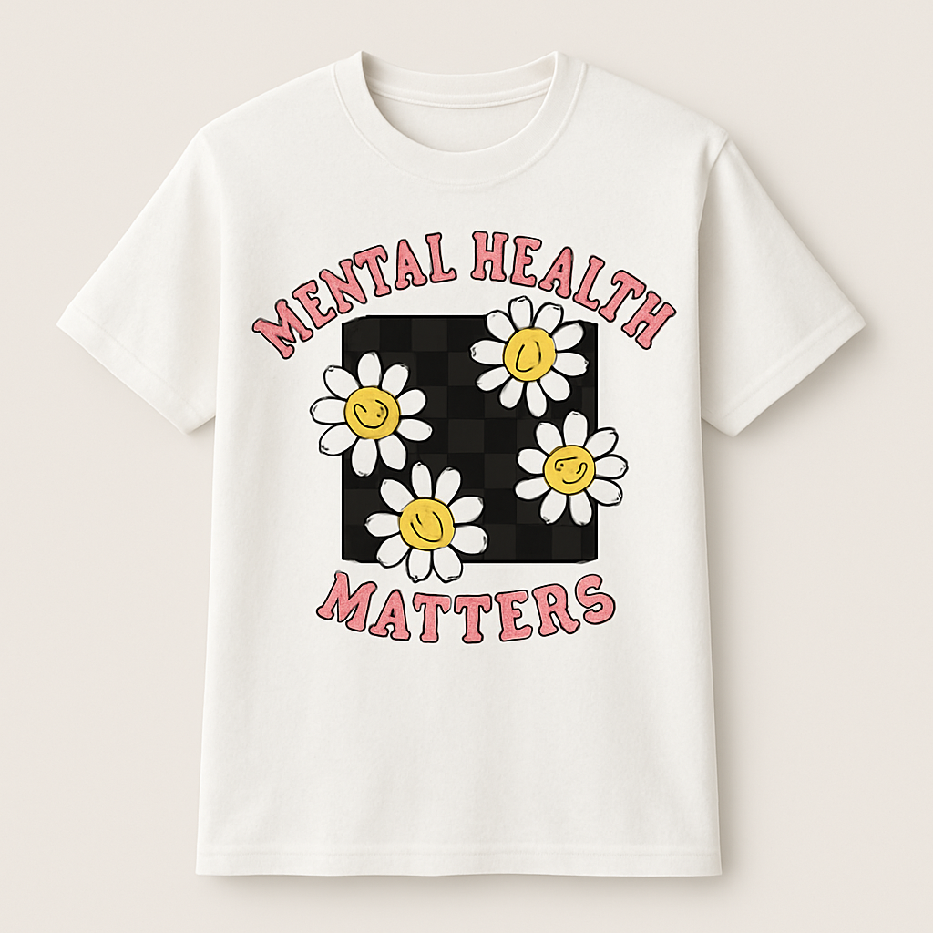 Mental Health Matters T-Shirt – Retro Checkerboard & Smiley Daisy Graphic, Positive Self-Care Tee, Mental Wellness Gift Mental%20Health%20Fitness%20prompt%207%20studio%20mockup.png