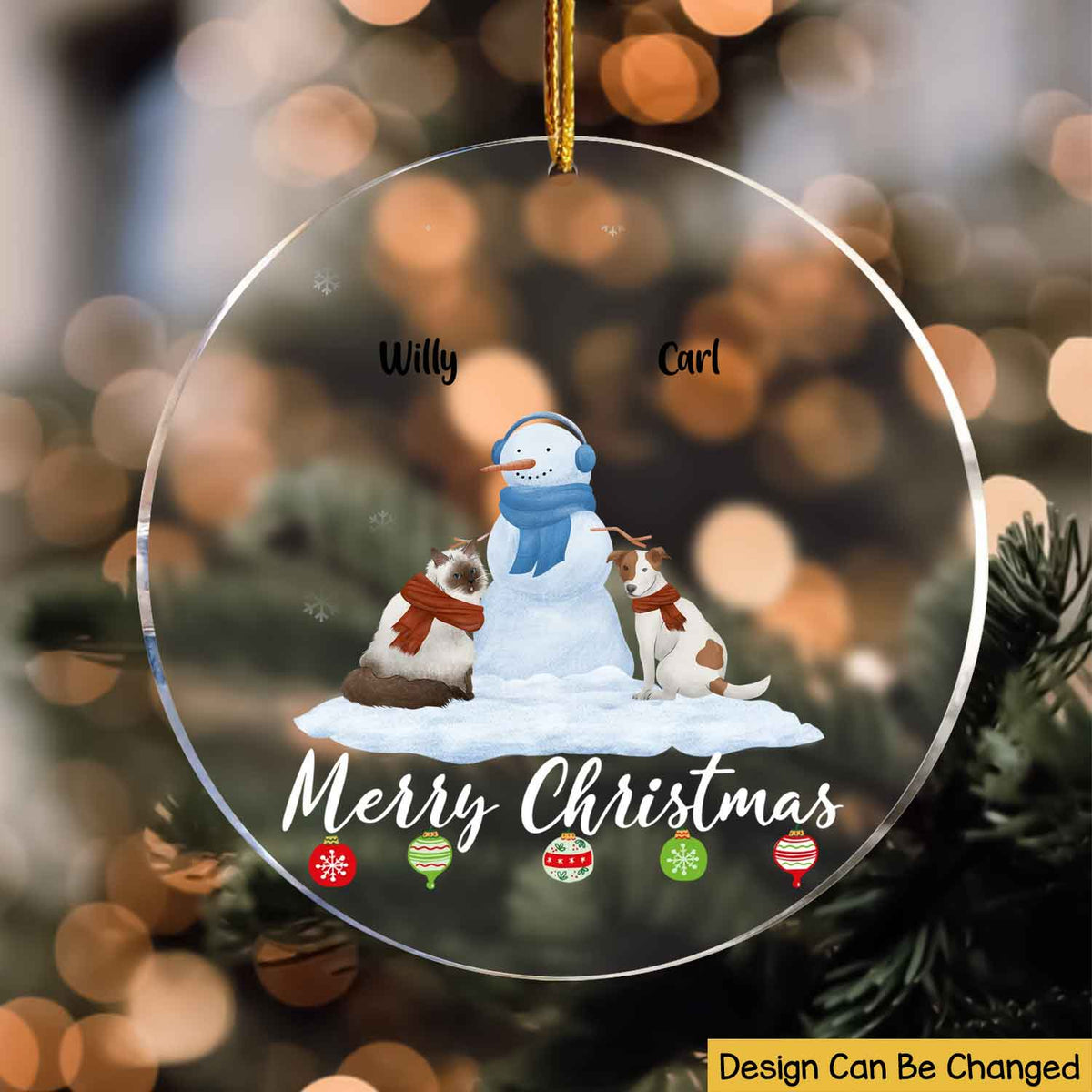 Merry Christmas With Snowman Custom Pet Breed Personalized Transparent Acrylic Ornament Christmas Decor Christmas Gift For Dog Lovers Cat Lovers