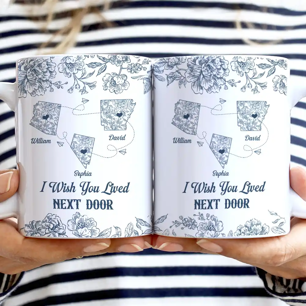 Miles Apart But Close At Heart Toile Pattern - Personalized White Edge-to-Edge Mug