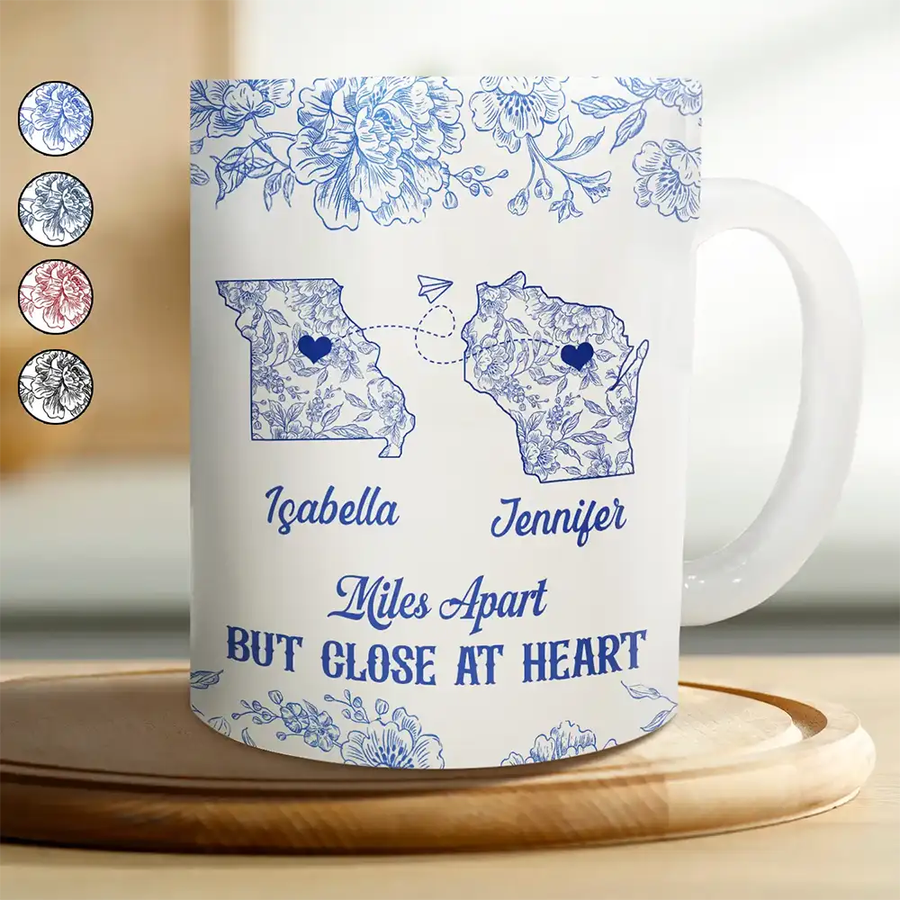 Miles Apart But Close At Heart Toile Pattern - Personalized White Edge-to-Edge Mug
