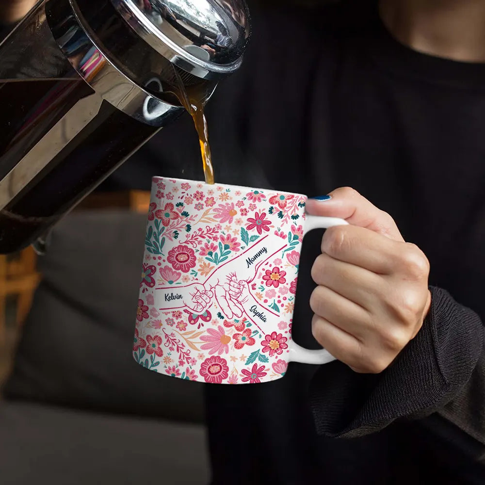 Boho Floral Hand In Hand Grandma Mom - Personalized White Edge-to-Edge Mug