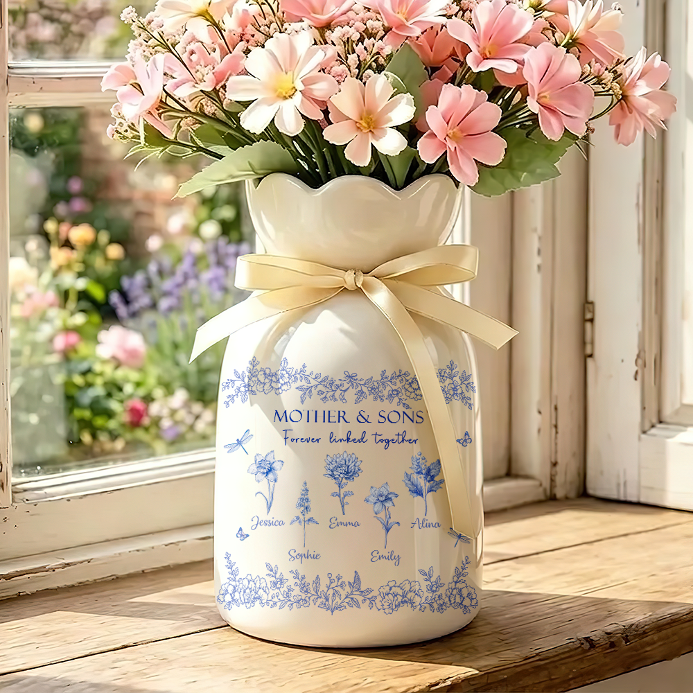 Mother & Daughters Forever Linked Together Birth Flower - Personalized Ribbon Tie Flower Vase
