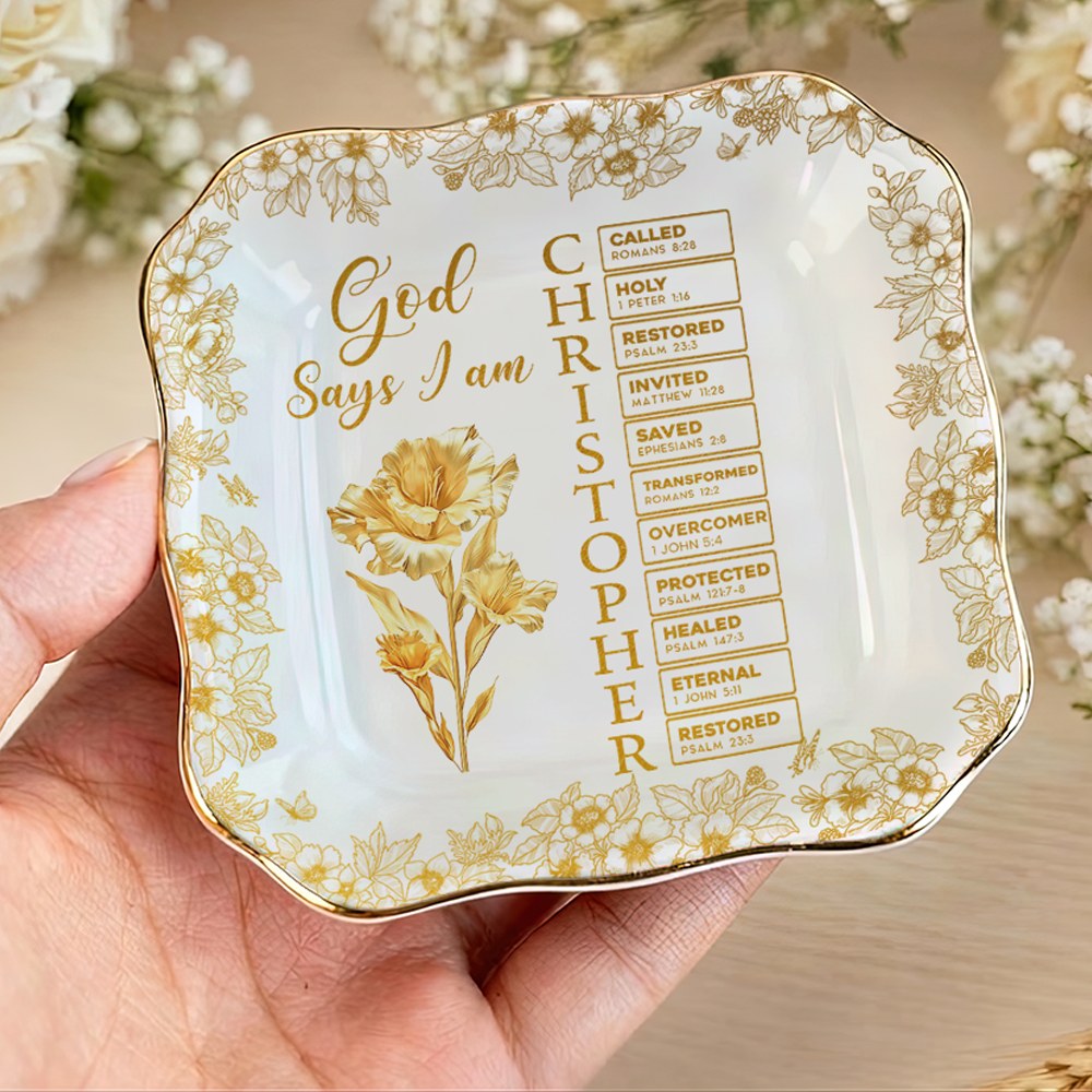 You Are Custom Name Letter In Bible Gold Birth Flower Style - Personalized Jewelry Dish - Chrisitian Gift For Her