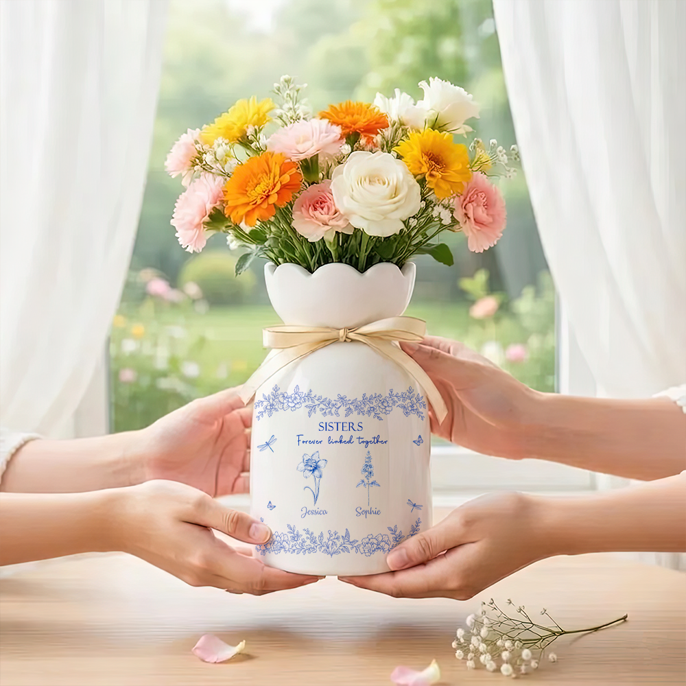 Mother & Daughters Forever Linked Together Birth Flower - Personalized Ribbon Tie Flower Vase
