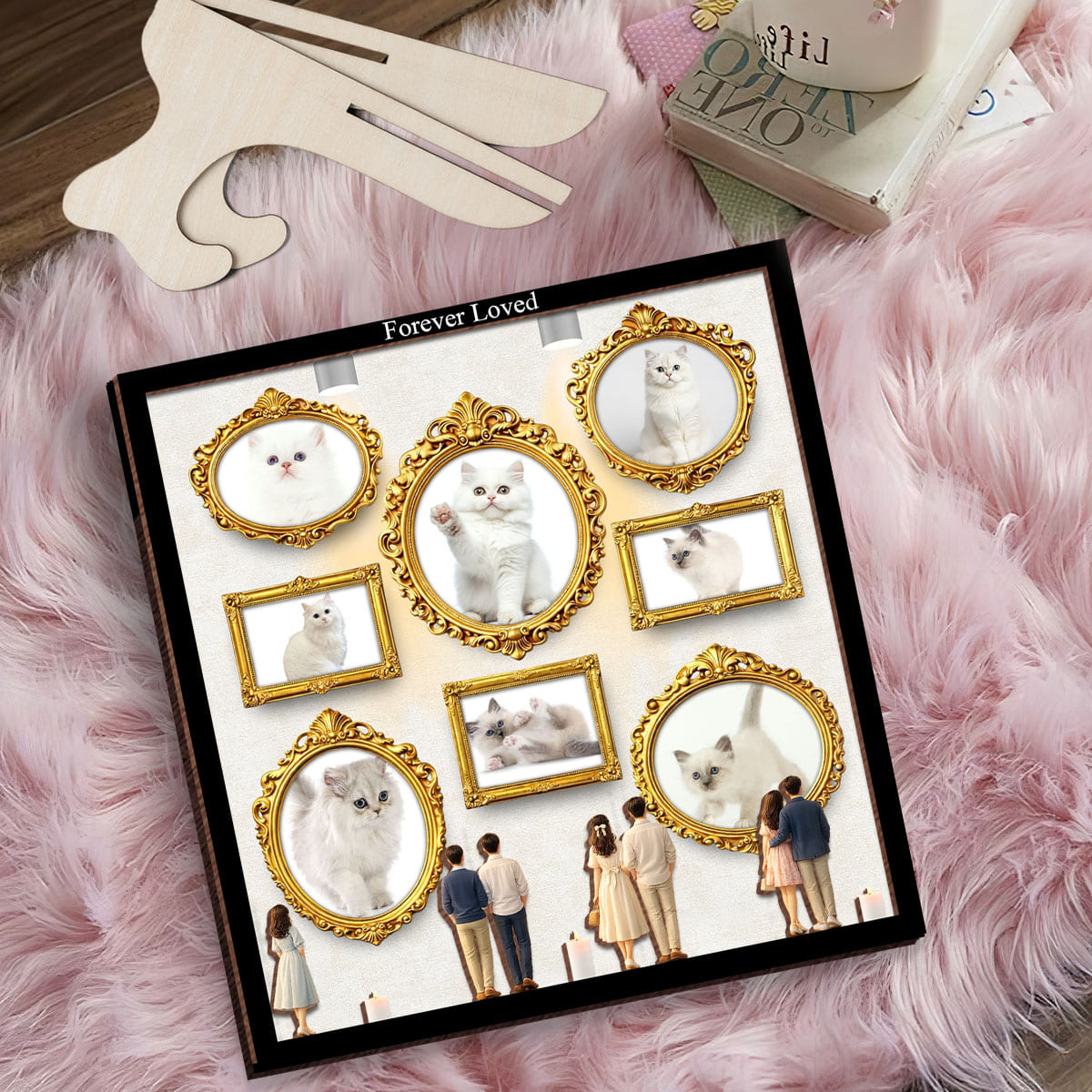 Cat Lovers Mini Museum Wood Layer Frame, Memory Display with Wood Frames, Pet Mom Gifts, Photo Frame with Miniature Figurines, Cat Lovers