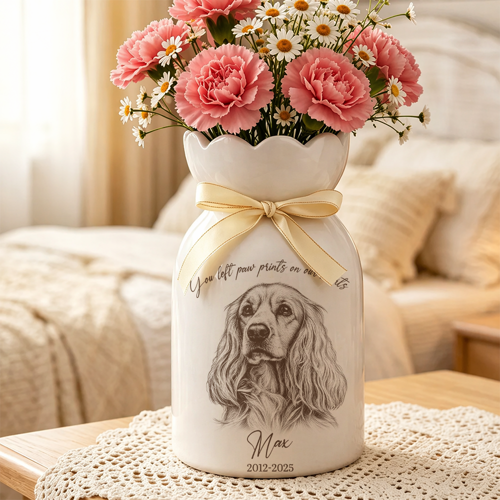 Custom Photo Pencil Sketch Memorial Family Dog Cat Portrait - Personalized Custom Ribbon Tie Flower Vase