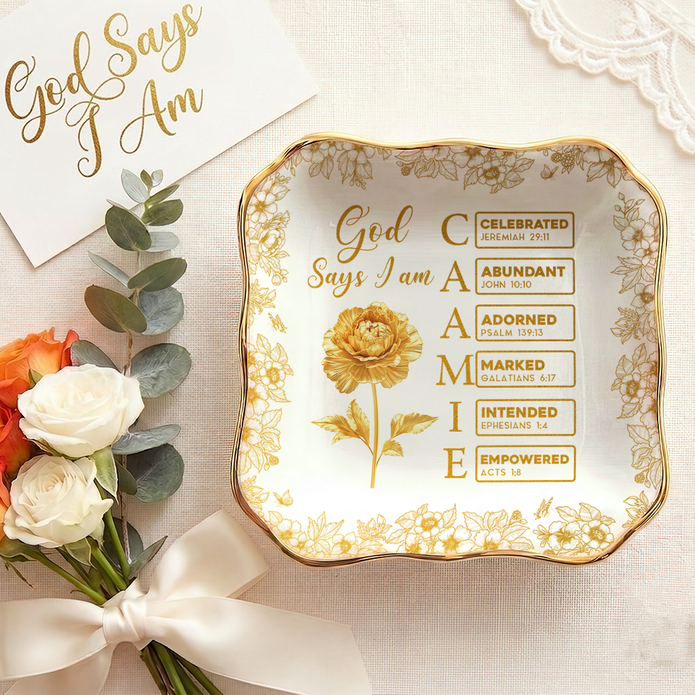 You Are Custom Name Letter In Bible Gold Birth Flower Style - Personalized Jewelry Dish - Chrisitian Gift For Her