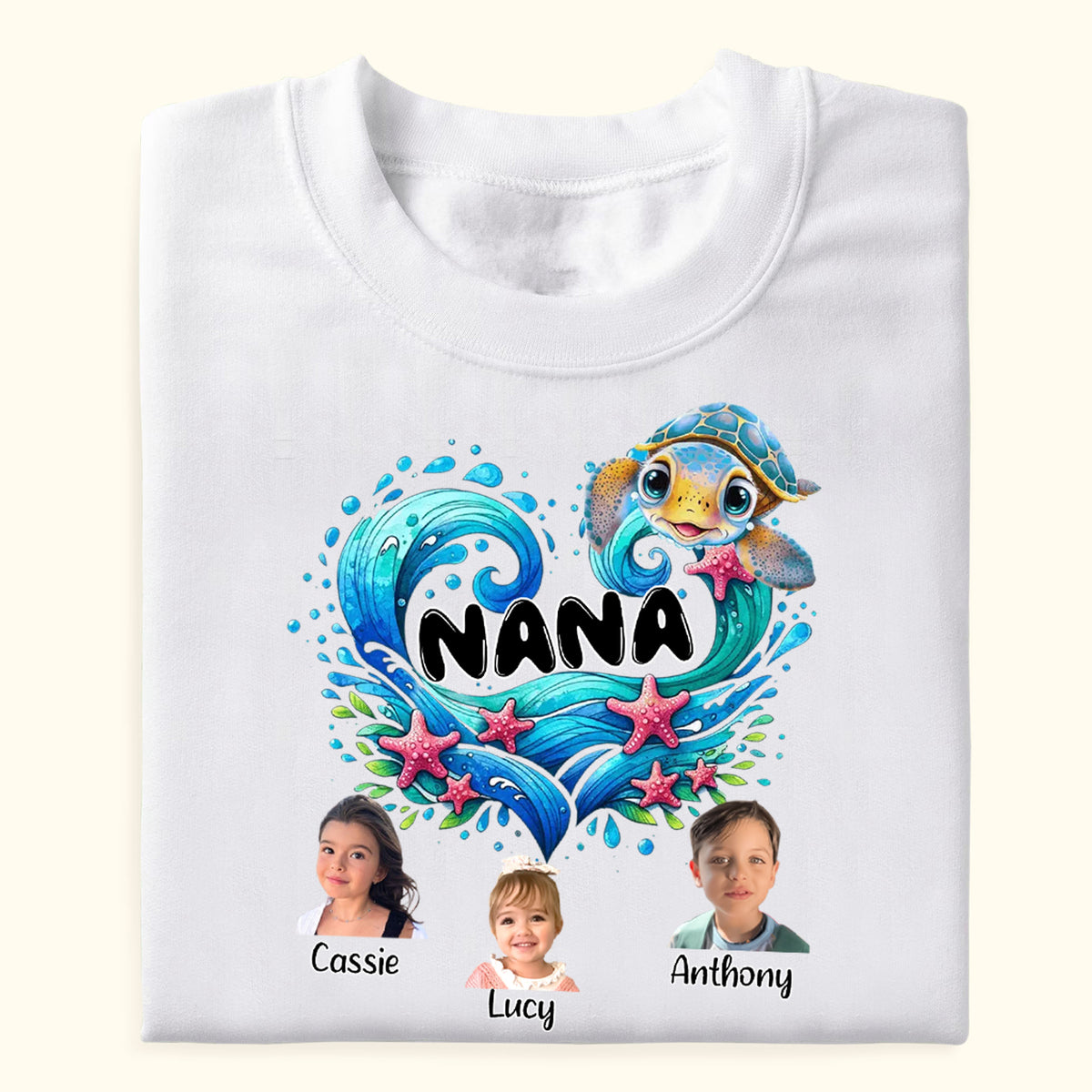 Sea Turtle Grandma With Cute Grandkids Custom Photo - Personalized Shirt - Gift For Grandma, Mother's Day, Birthday Gift