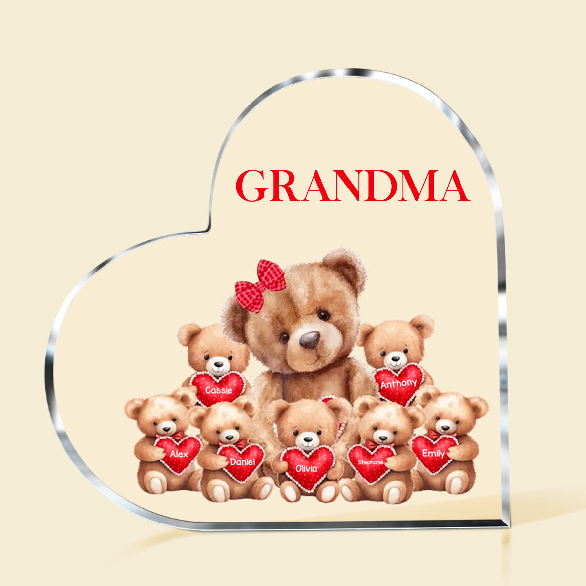 Mama Bear With Little Kids - Personalized Heart Shaped Acrylic Plaque - Gift For Grandma