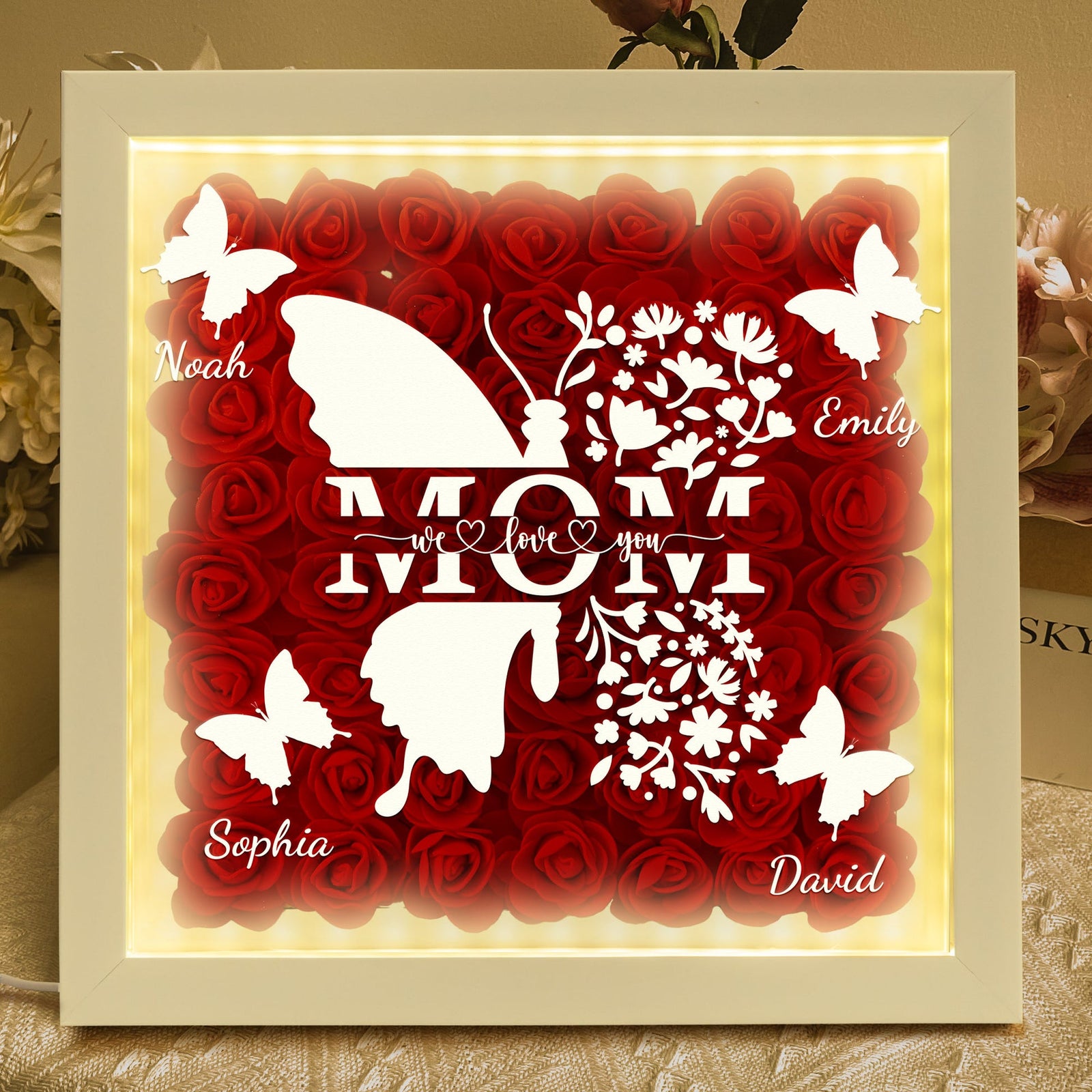 Mom Butterfly New Version - Personalized Flower Shadow Box With LED Light Mother's Day Birthday Gifts for Mom Wife from Daughter, Son, Husband and Keepsake