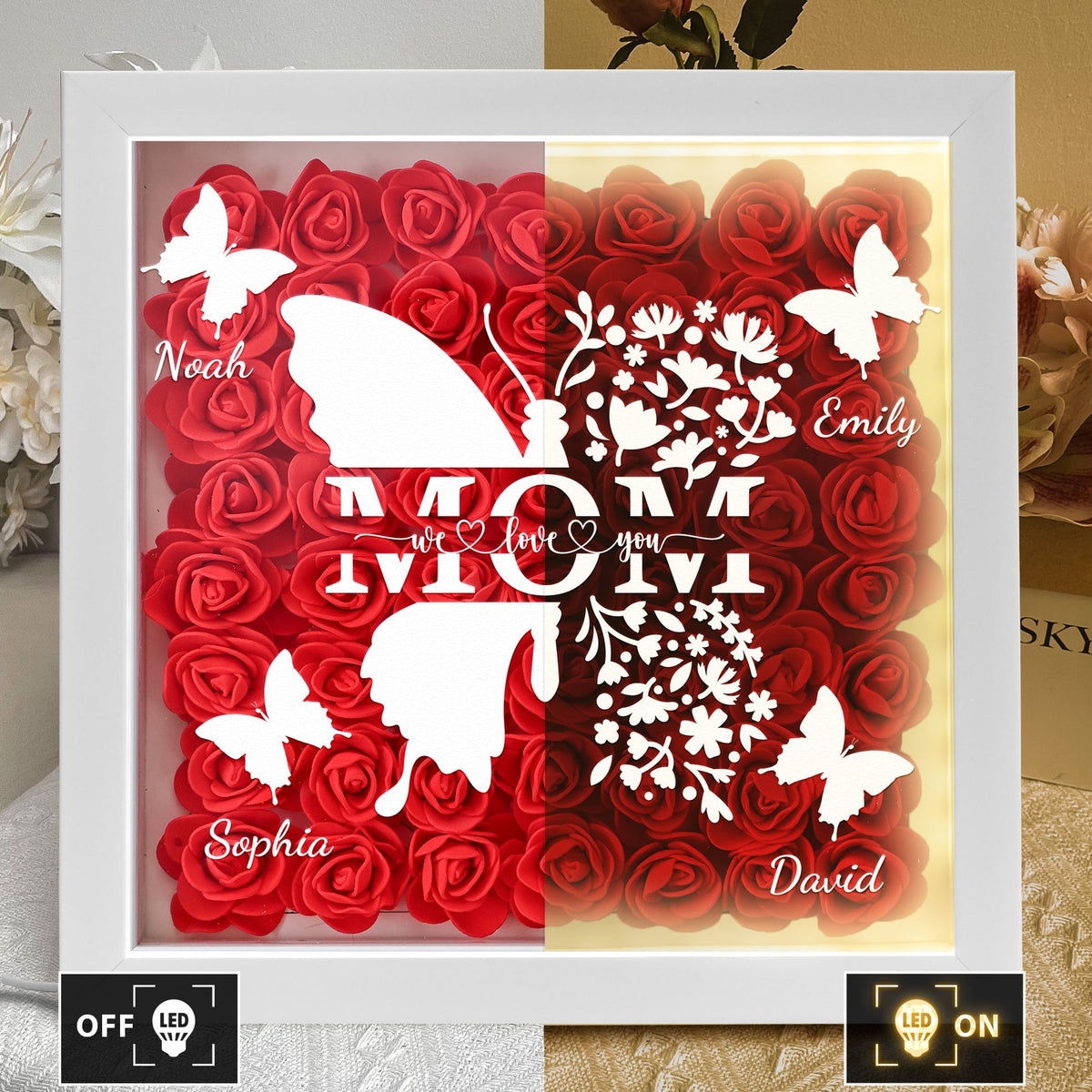 Mom Butterfly New Version - Personalized Flower Shadow Box With LED Light Mother's Day Birthday Gifts for Mom Wife from Daughter, Son, Husband and Keepsake