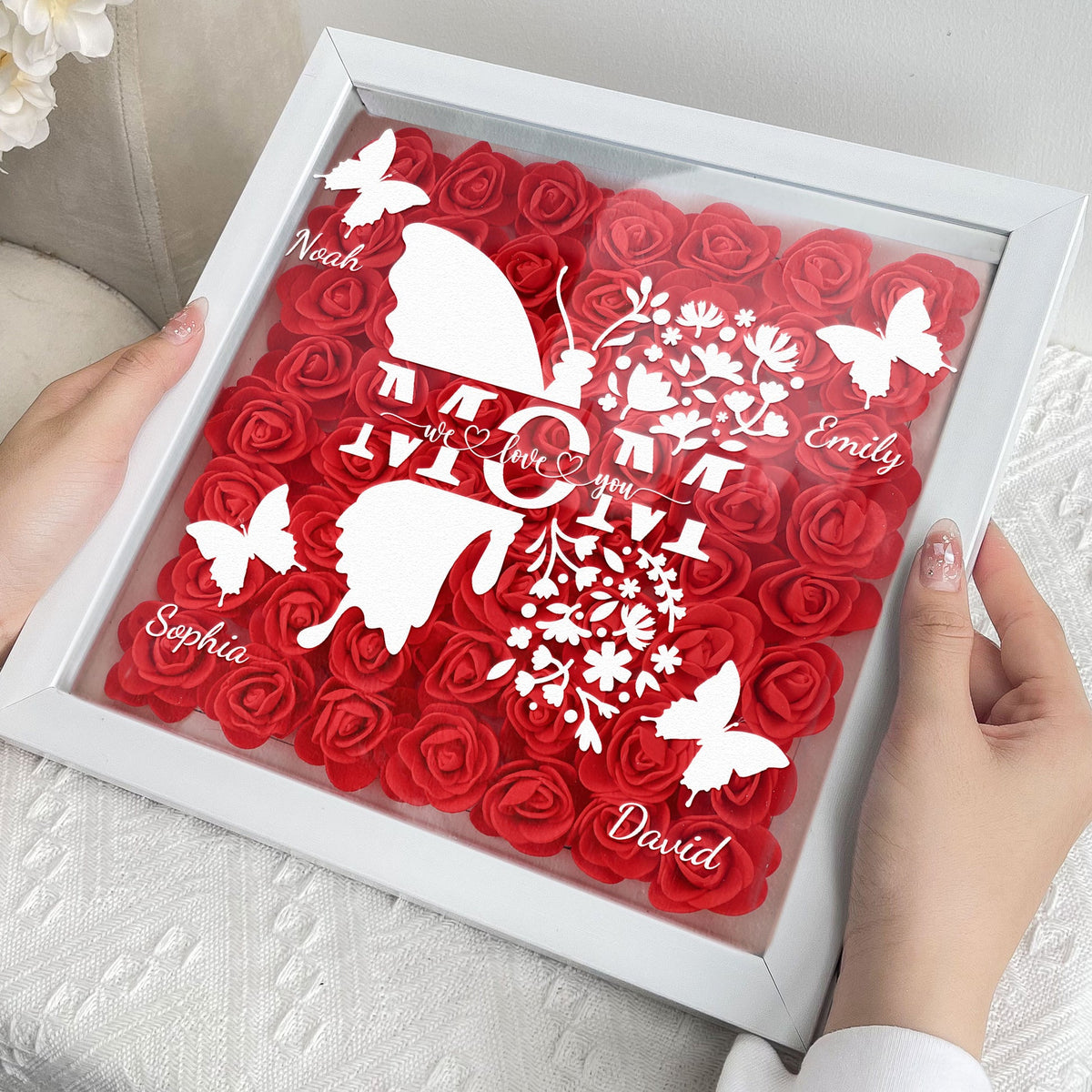 Mom Butterfly New Version - Personalized Flower Shadow Box With LED Light Mother's Day Birthday Gifts for Mom Wife from Daughter, Son, Husband and Keepsake
