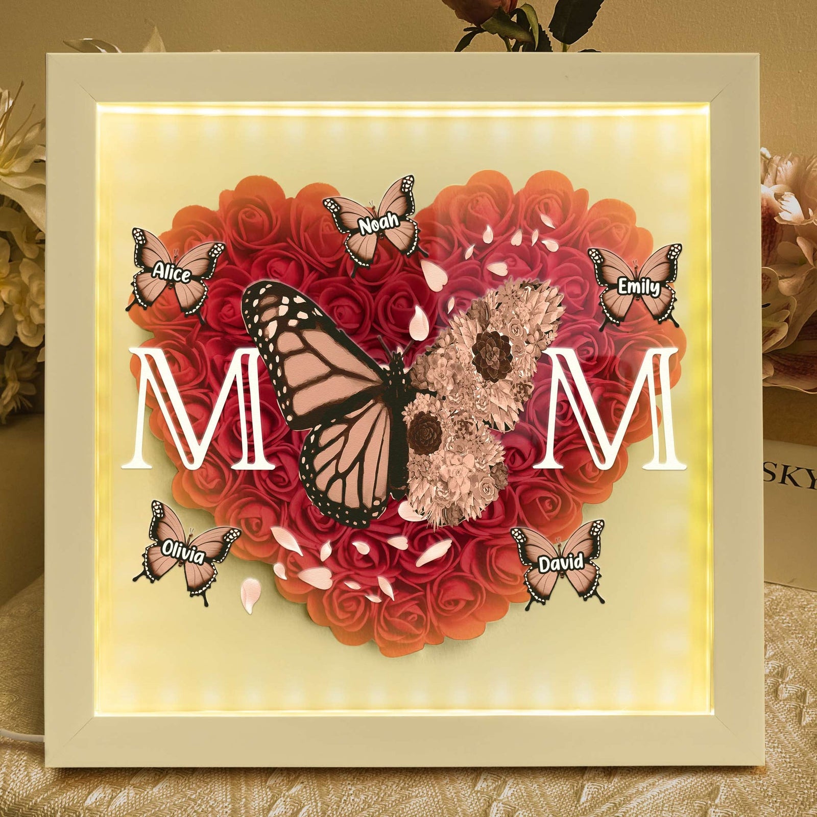 Mom - Butterfly Version - Personalized Flower Shadow Box With LED Light Mother's Day Birthday Gifts for Mom Wife from Daughter, Son, Husband and Keepsake