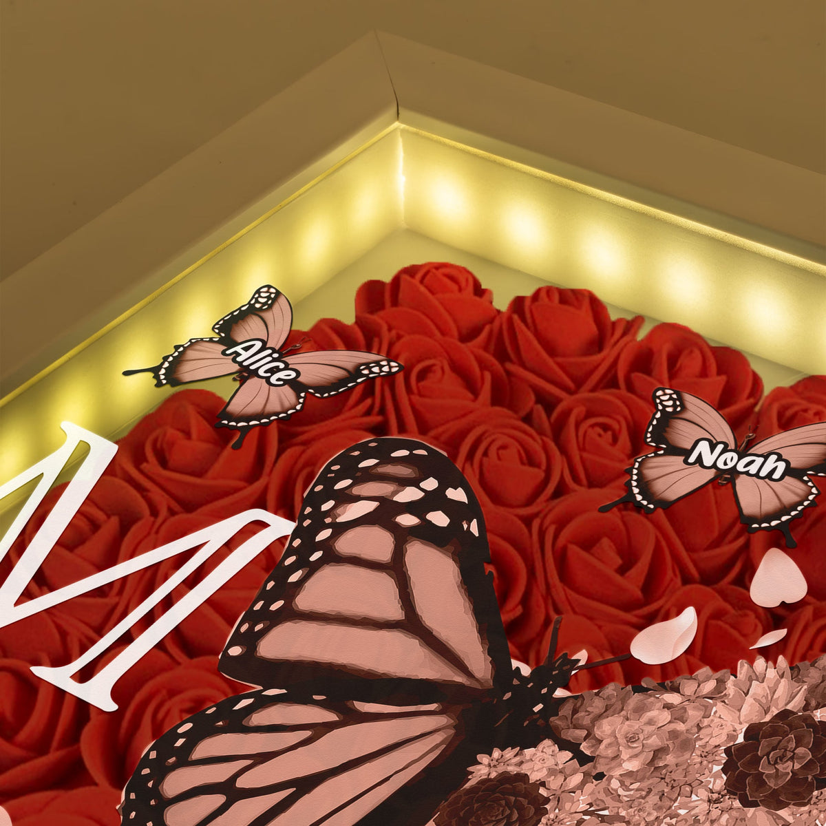 Mom - Butterfly Version - Personalized Flower Shadow Box With LED Light Mother's Day Birthday Gifts for Mom Wife from Daughter, Son, Husband and Keepsake