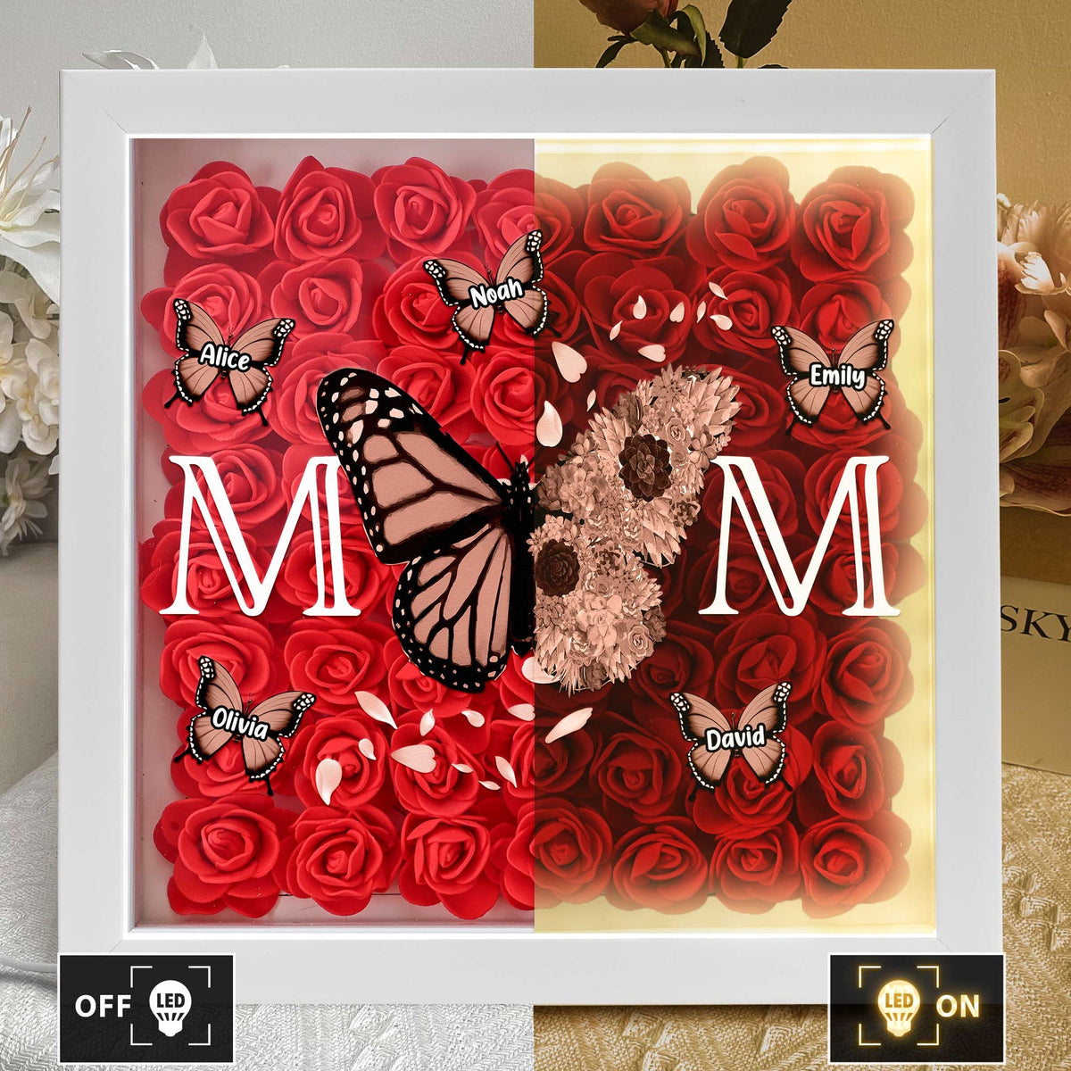 Mom - Butterfly Version - Personalized Flower Shadow Box With LED Light Mother's Day Birthday Gifts for Mom Wife from Daughter, Son, Husband and Keepsake