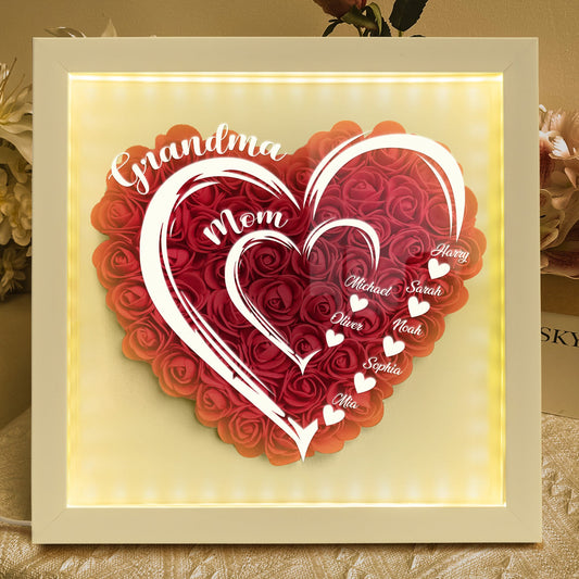 Mom Grandma Hearts Custom Kids' Names - Personalized Flower Shadow Box With LED Light Mother's Day Birthday Gifts for Mom Wife from Daughter, Son, Husband and Keepsake Red