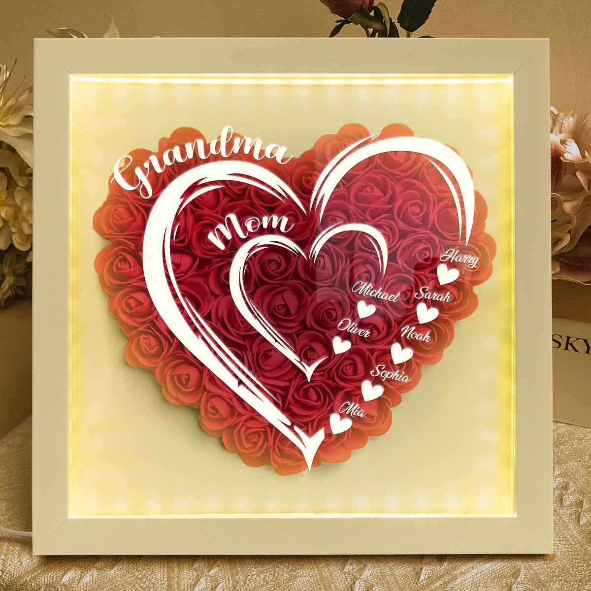 Mom Grandma Hearts Custom Kids' Names - Personalized Flower Shadow Box With LED Light Mother's Day Birthday Gifts for Mom Wife from Daughter, Son, Husband and Keepsake Red
