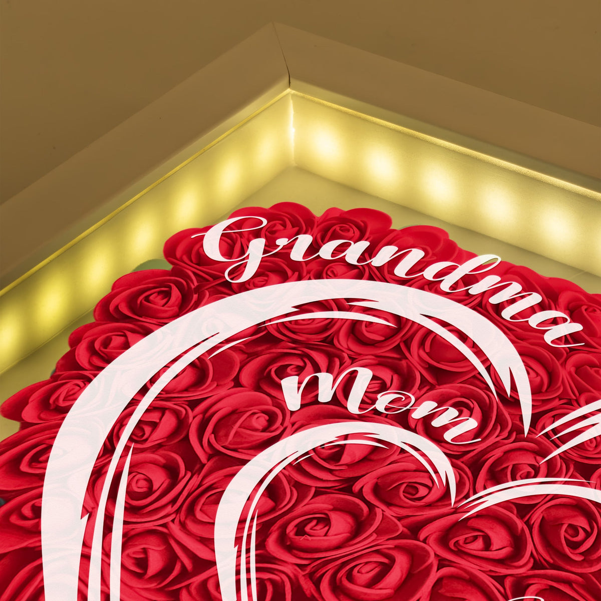 Mom Grandma Hearts Custom Kids' Names - Personalized Flower Shadow Box With LED Light Mother's Day Birthday Gifts for Mom Wife from Daughter, Son, Husband and Keepsake Red