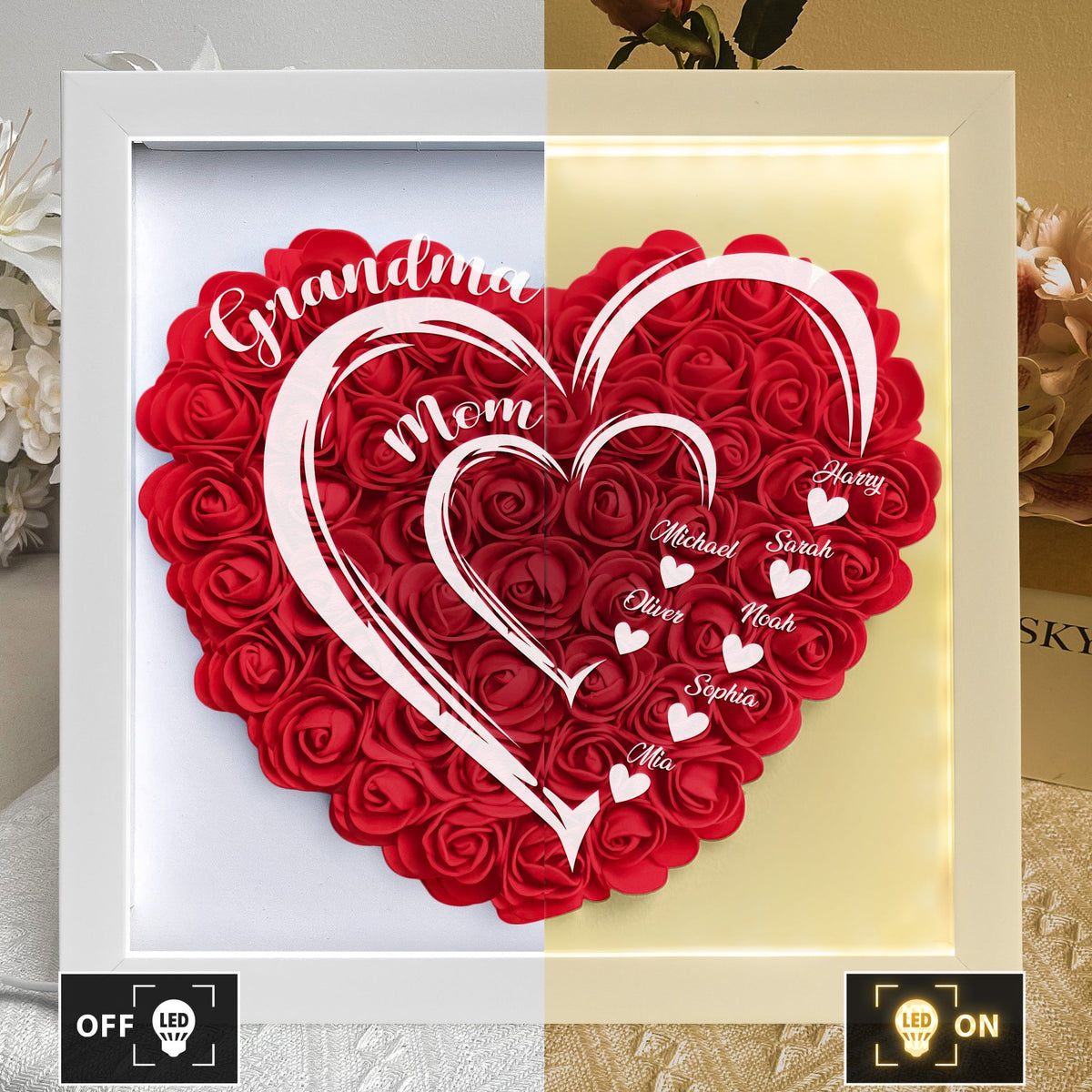Mom Grandma Hearts Custom Kids' Names - Personalized Flower Shadow Box With LED Light Mother's Day Birthday Gifts for Mom Wife from Daughter, Son, Husband and Keepsake Red
