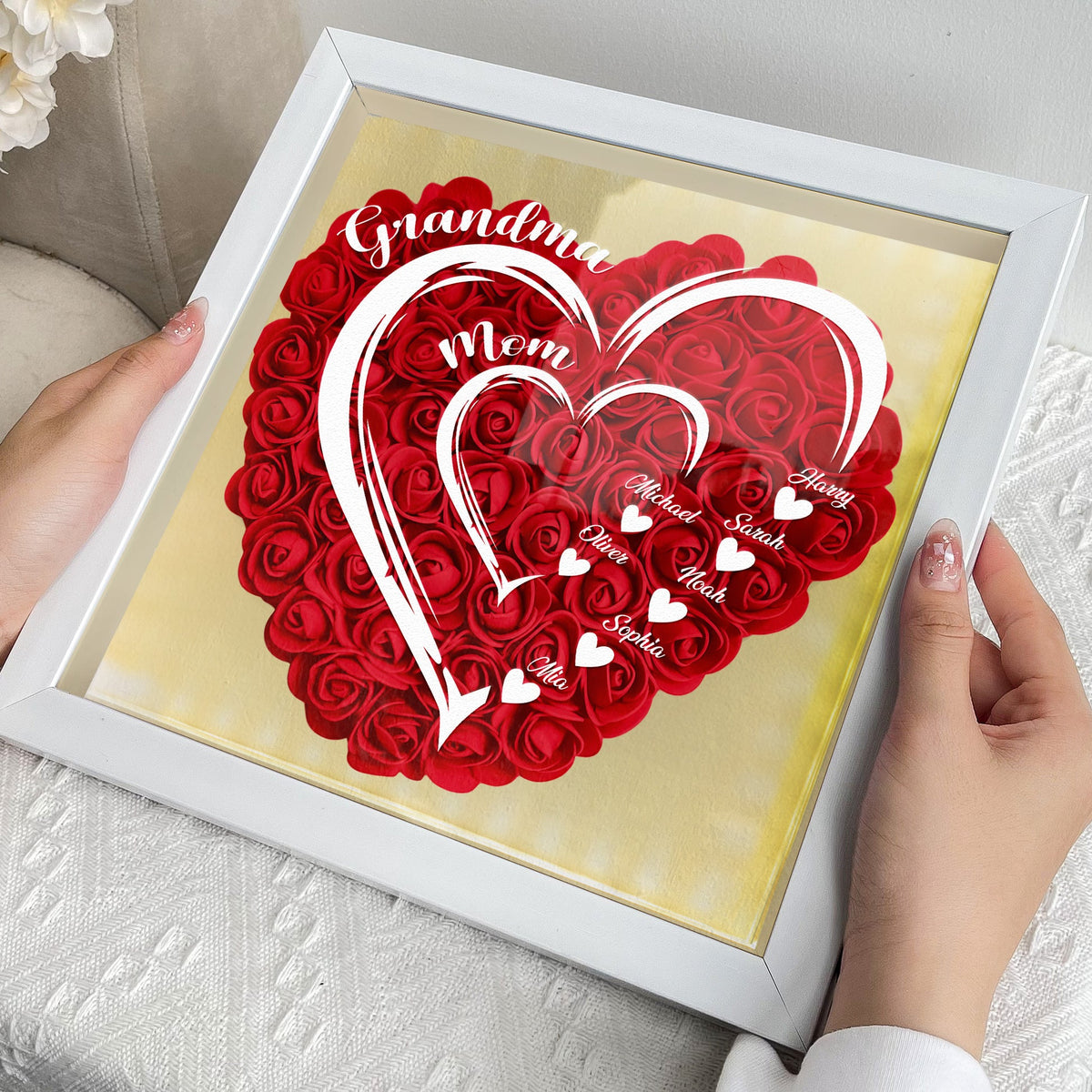 Mom Grandma Hearts Custom Kids' Names - Personalized Flower Shadow Box With LED Light Mother's Day Birthday Gifts for Mom Wife from Daughter, Son, Husband and Keepsake Red