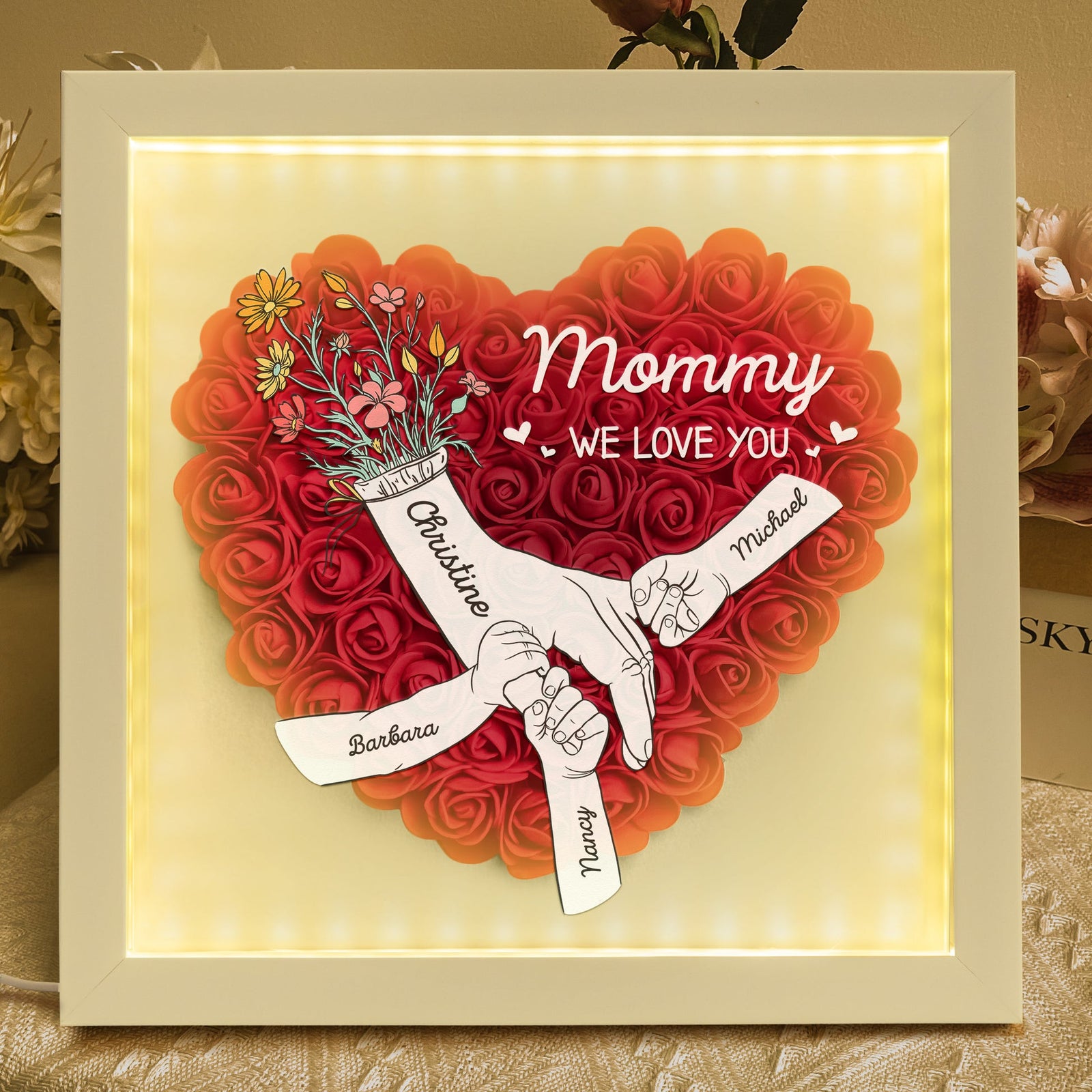 Mom Hands Holding We Love You - Personalized Flower Shadow Box with LED Light Up to 15 names Mother's Day Birthday Gifts for Mom Wife from Daughter, Son, Husband and Keepsake Red