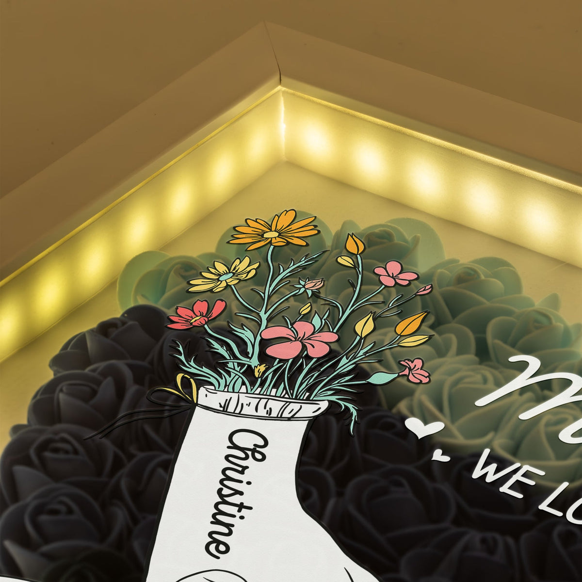 Mom Hands Holding We Love You - Personalized Flower Shadow Box with LED Light Up to 15 names Mother's Day Birthday Gifts for Mom Wife from Daughter, Son, Husband and Keepsake Red