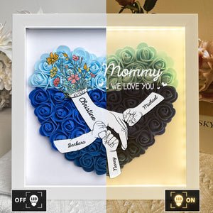 Mom Hands Holding We Love You - Personalized Flower Shadow Box with LED Light Up to 15 names Mother's Day Birthday Gifts for Mom Wife from Daughter, Son, Husband and Keepsake Red