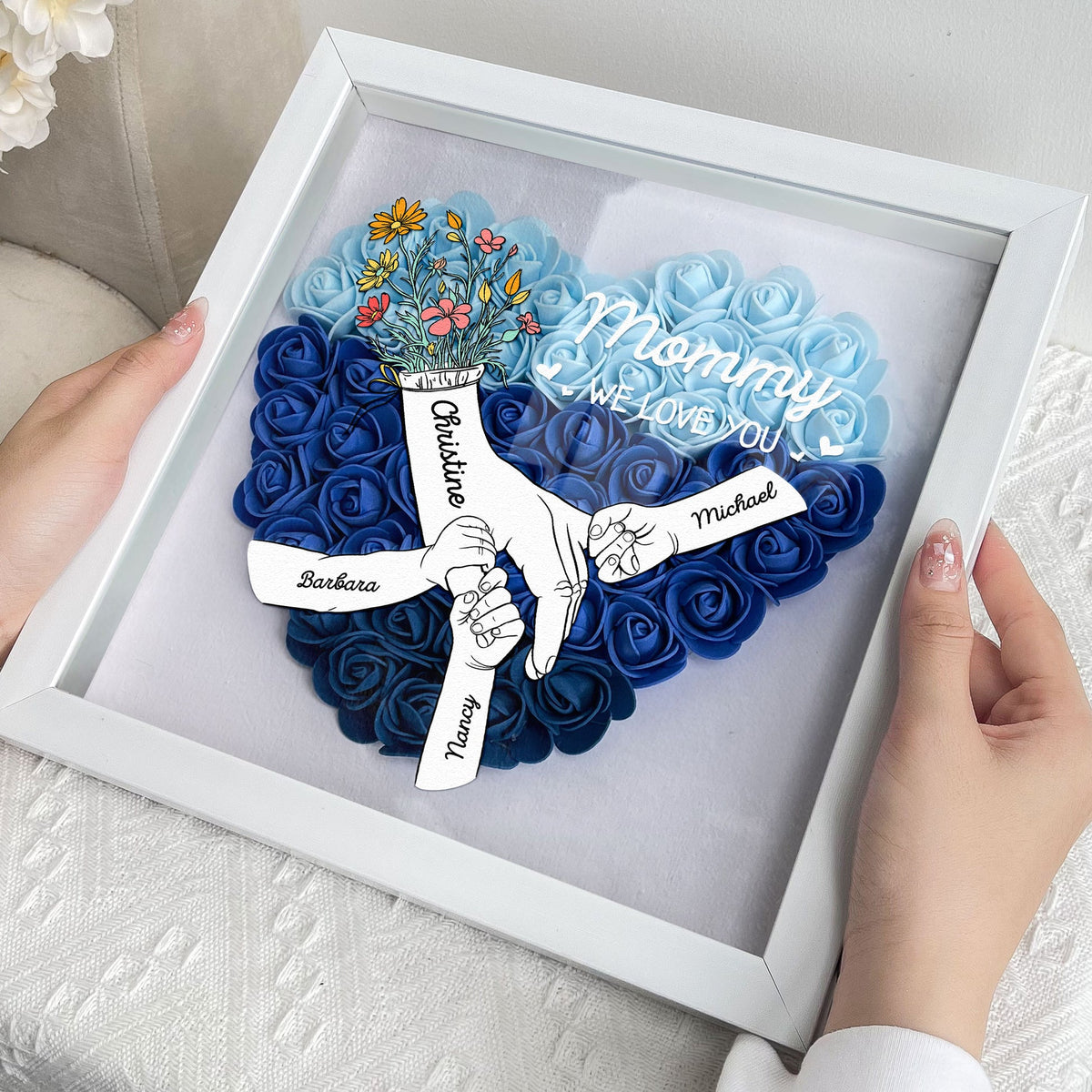 Mom Hands Holding We Love You - Personalized Flower Shadow Box with LED Light Up to 15 names Mother's Day Birthday Gifts for Mom Wife from Daughter, Son, Husband and Keepsake Red
