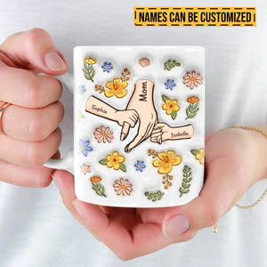 Mom And Kids Hands Colorful Flowers - Personalized 3D Inflated Effect Printed Mug - Gift For Mother