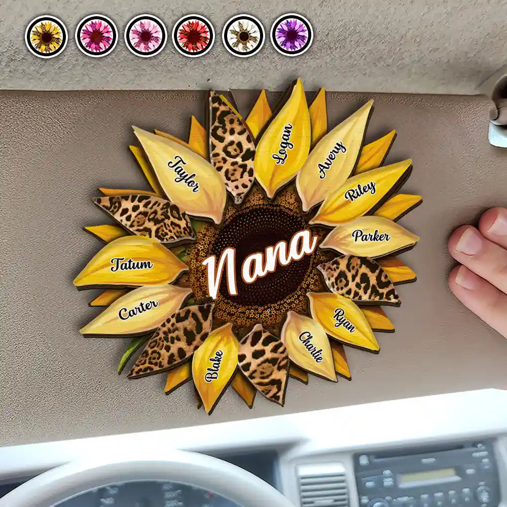 Nana, Mom, Auntie Family Sunflower - Personalized Custom Shaped Car Visor Clip - Gift For Grandma, Mother's Day Gift