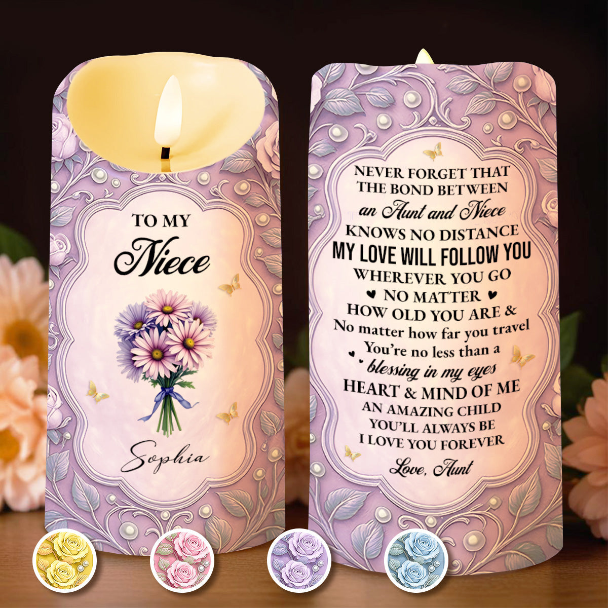 To My Niece, Beautiful Flowers and Butterflies, Custom LED Candle, Gift For Niece