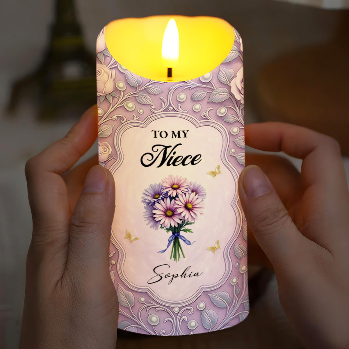 To My Niece, Beautiful Flowers and Butterflies, Custom LED Candle, Gift For Niece