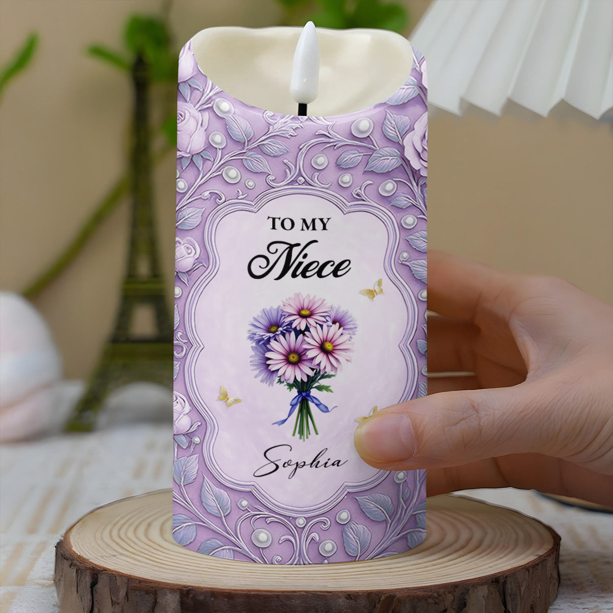 To My Niece, Beautiful Flowers and Butterflies, Custom LED Candle, Gift For Niece