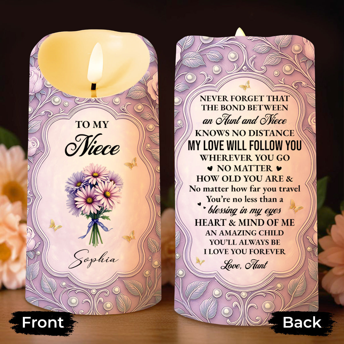 To My Niece, Beautiful Flowers and Butterflies, Custom LED Candle, Gift For Niece