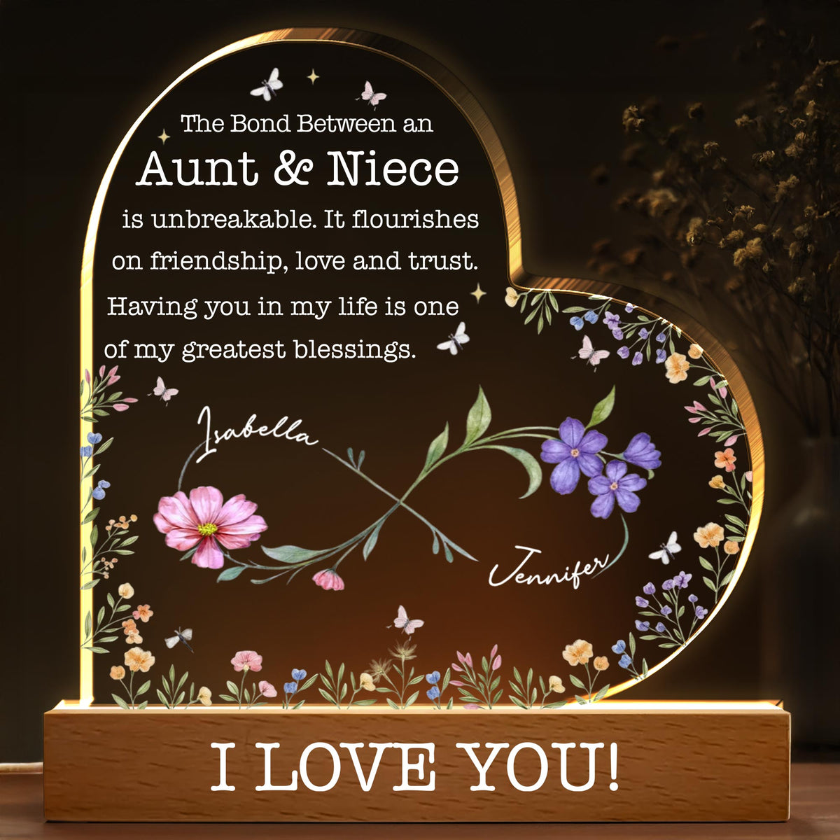 The Bond Between An Aunt & Niece, Flowers And Butterflies, LED Night Light, Gift For Family