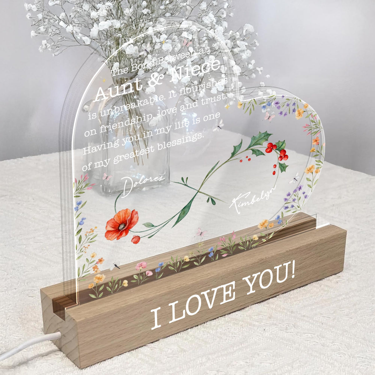 The Bond Between An Aunt & Niece, Flowers And Butterflies, LED Night Light, Gift For Family