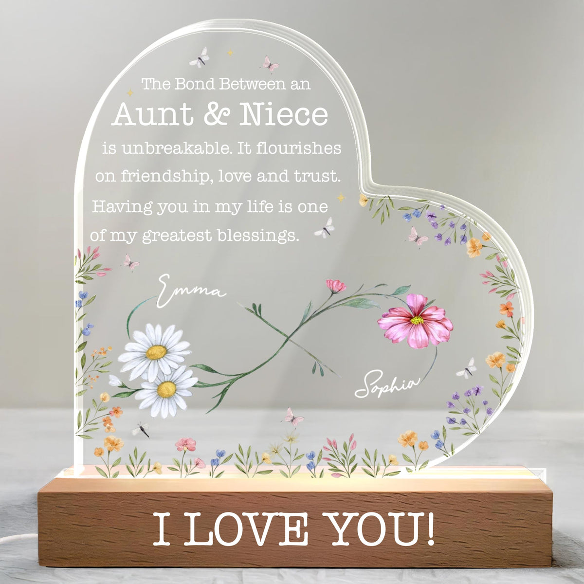 The Bond Between An Aunt & Niece, Flowers And Butterflies, LED Night Light, Gift For Family