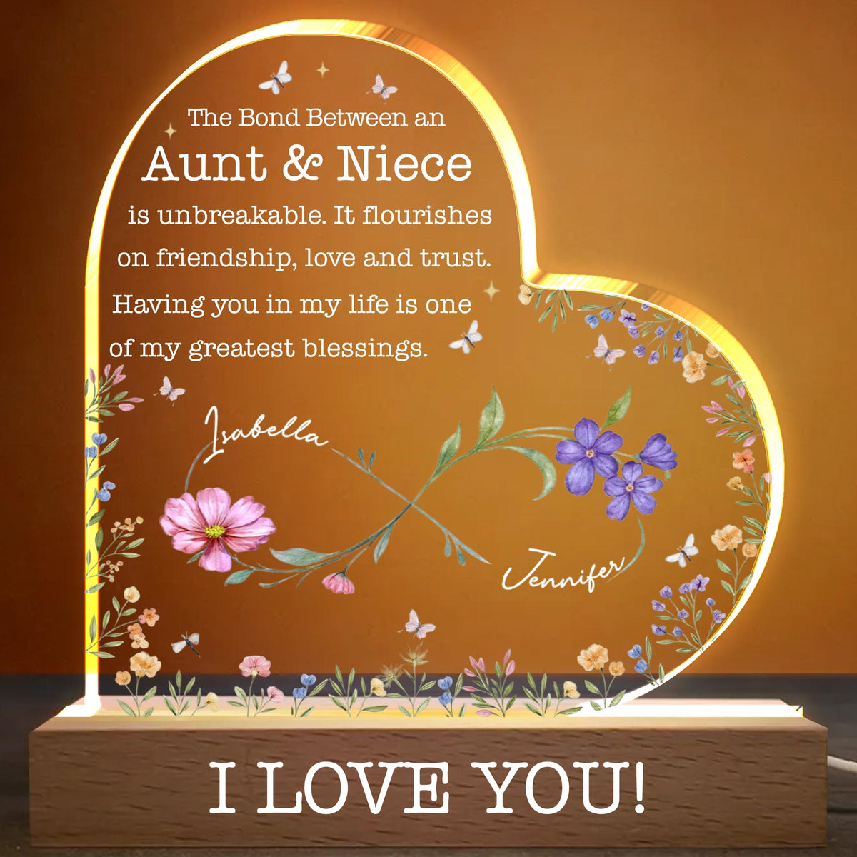The Bond Between An Aunt & Niece, Flowers And Butterflies, LED Night Light, Gift For Family