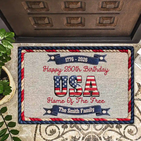 Stars And Stripes Happy USA 250Th Birthday Embroidery Effect - Personalized Doormat