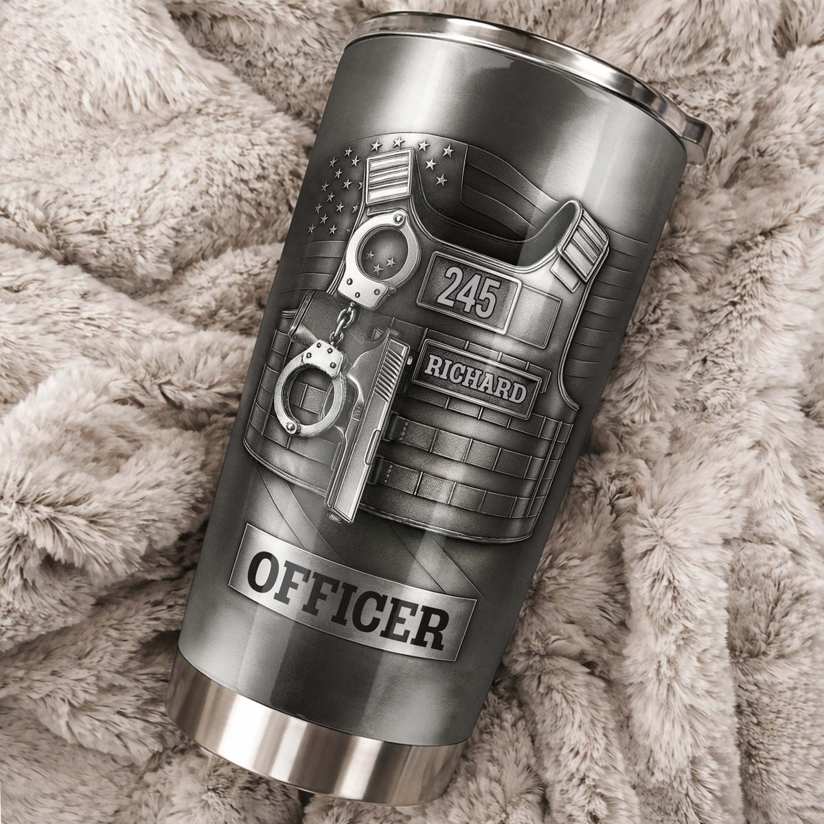 Beloved Officer Personalized Tumbler With Police Badge, Handcuffs, Pistol, Gift For Law Enforcement