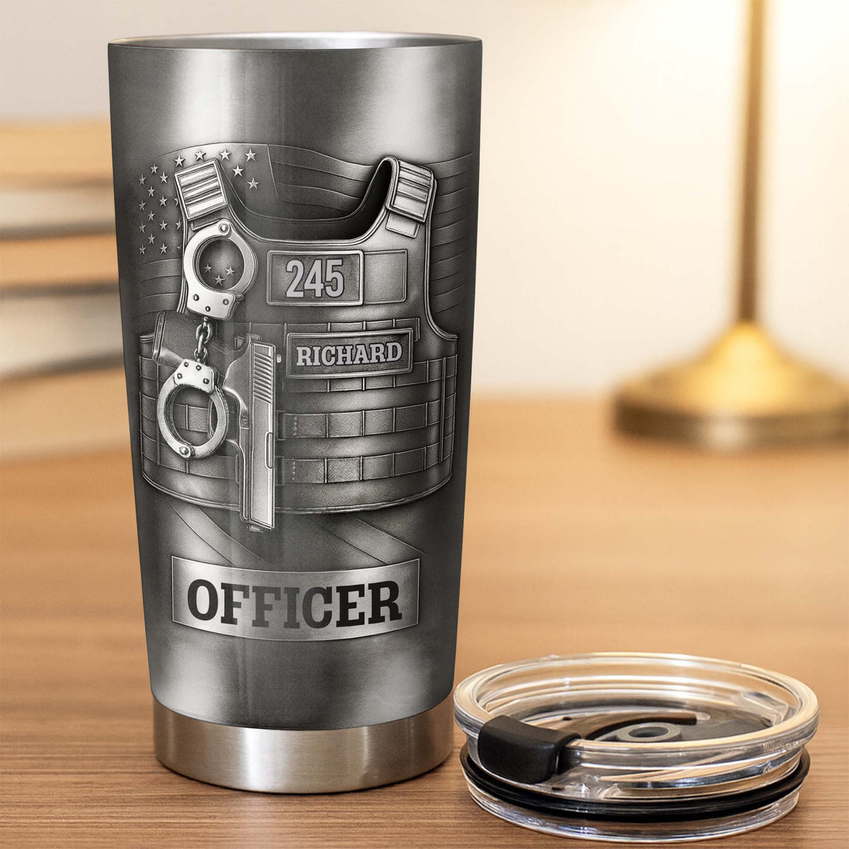 Beloved Officer Personalized Tumbler With Police Badge, Handcuffs, Pistol, Gift For Law Enforcement